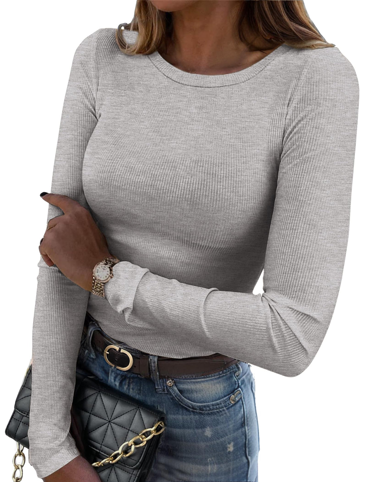Zeagoo Women Long Sleeve Shirts Ribbed Slim Fit Tops Crewneck Basic Tee