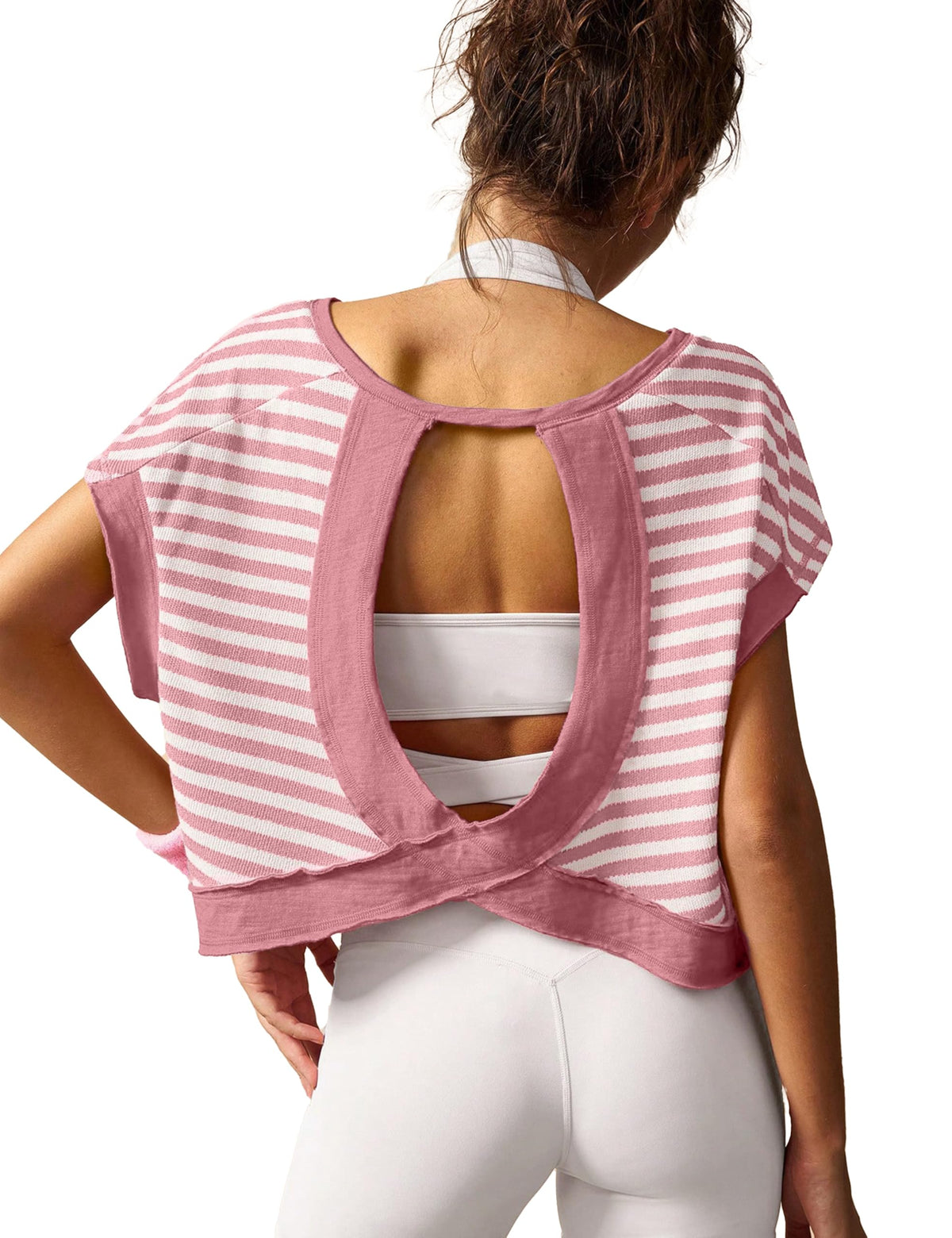 Open Back Tops for Women Oversized Short Sleeve Workout T Shirts Backless Y2k Athletic Crop Running Tees