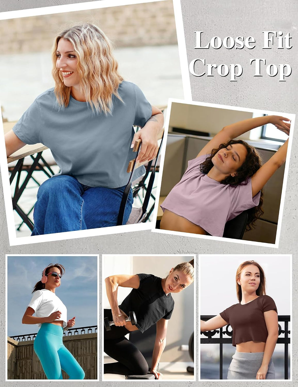 HOPLYNN 5 Pack Women's Loose Fit Short Sleeve Workout Crop Top T-Shirts