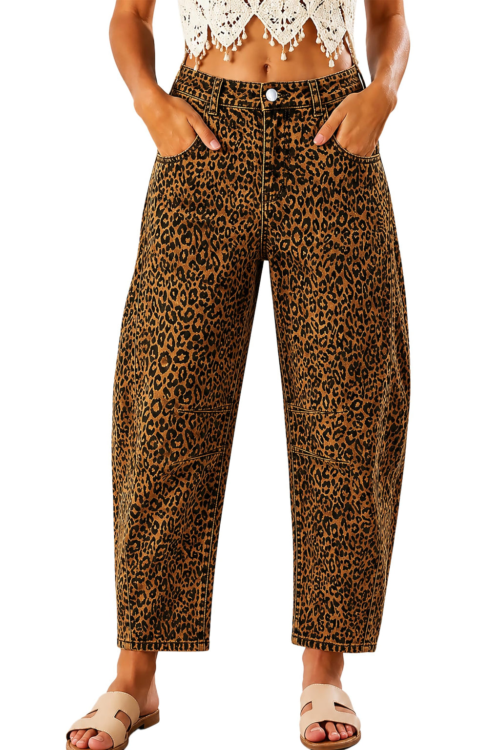 Women's High Waisted Stretch Barrel Leg Jeans Cropped Ankle Pants