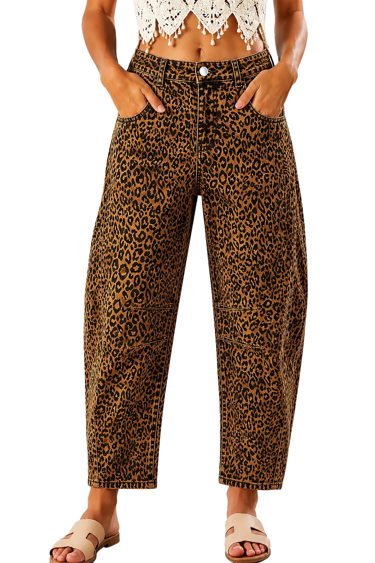 Women's High Waisted Stretch Barrel Leg Jeans Cropped Ankle Pants