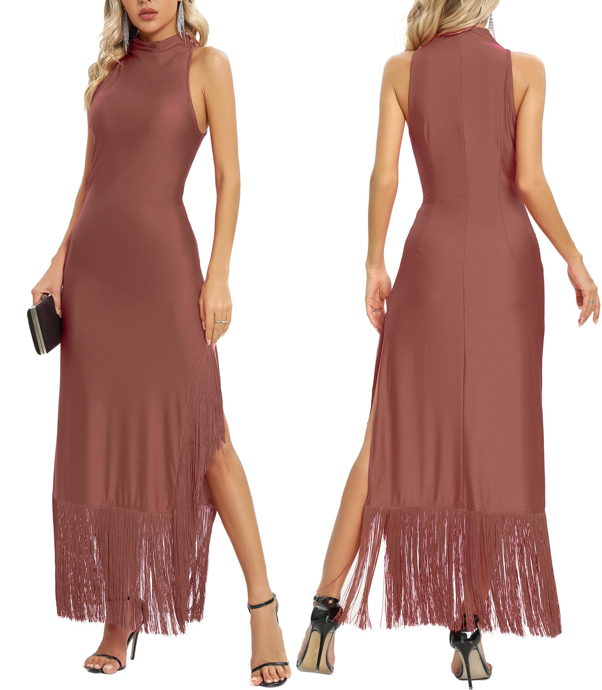 Women Gatsby Vintage Flapper Maxi Dress Halter Tassel Hem Gowns with Slit