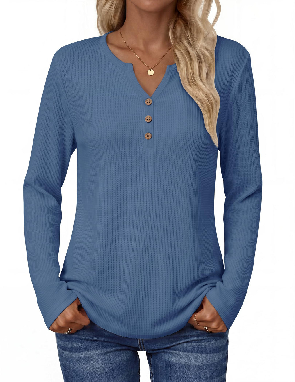 Zeagoo Women's Long Sleeve Waffle Knit Tops 2026 Fall Henley V Neck Shirts