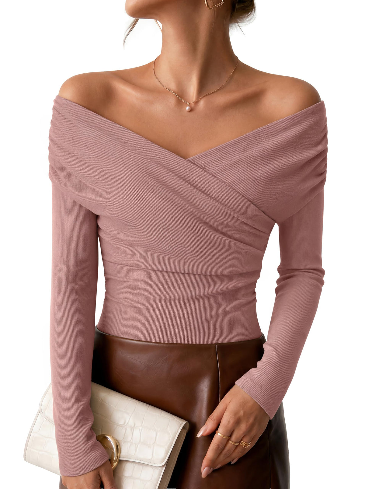 ZESICA Womens 2026 Fall Long Sleeve Wrap Off Shoulder Y2K Going Out Tops