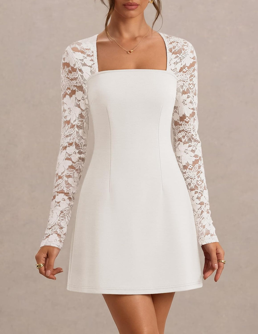 MEROKEETY Womens Lace Long Sleeve Fall Cocktail Wedding Guest Mini Dress