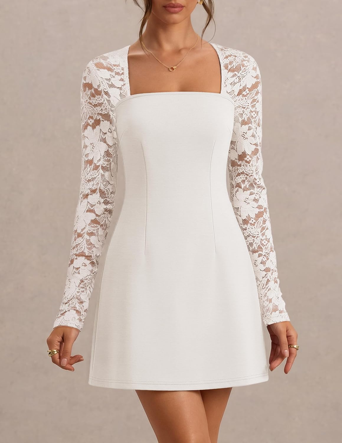 MEROKEETY Womens Lace Long Sleeve Fall Cocktail Wedding Guest Mini Dress