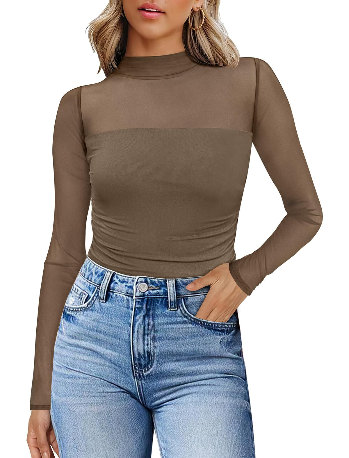 Womens Sexy Mesh Long Sleeve Shirts Fashion Clothing Turtle Necks Sheer Ruched Going Out Tops Fall Outfits Slim Fit Blouses