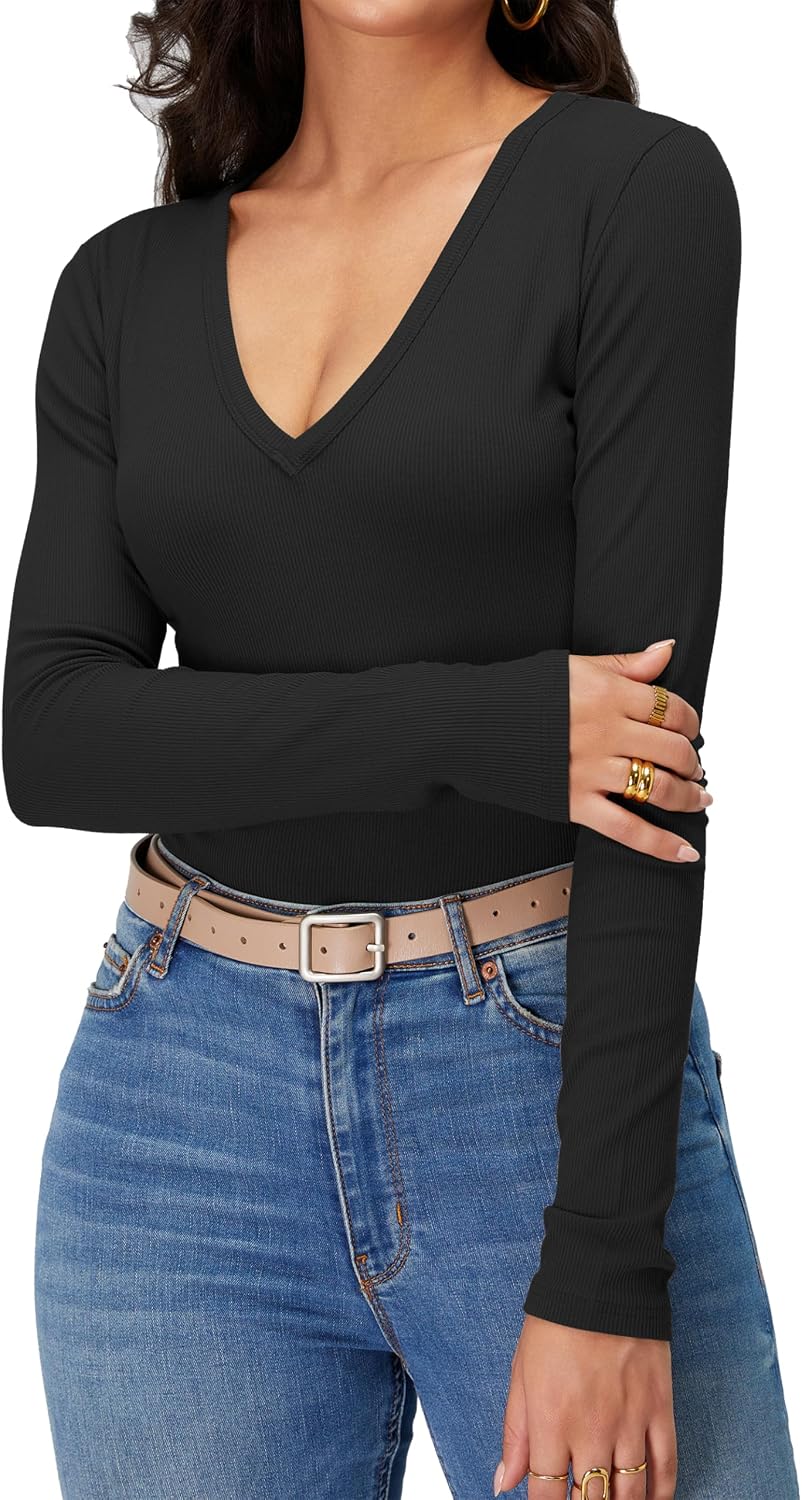 iGENJUN Women Long Sleeve V Neck Shirts for Women Business Casual Work Top Knit Slim Fit for Fall