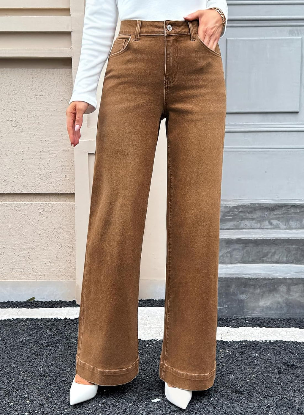 SHEWIN Flare Jeans for Women Wide Leg High Waisted Strechy Loose Casual Denim Pants with Pockets