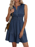 BerryGo Womens Denim Dress Sleeveless Summer Casual Jean Dress Tiered Cowgirl Country Mini Soft Light Chambray with Pockets