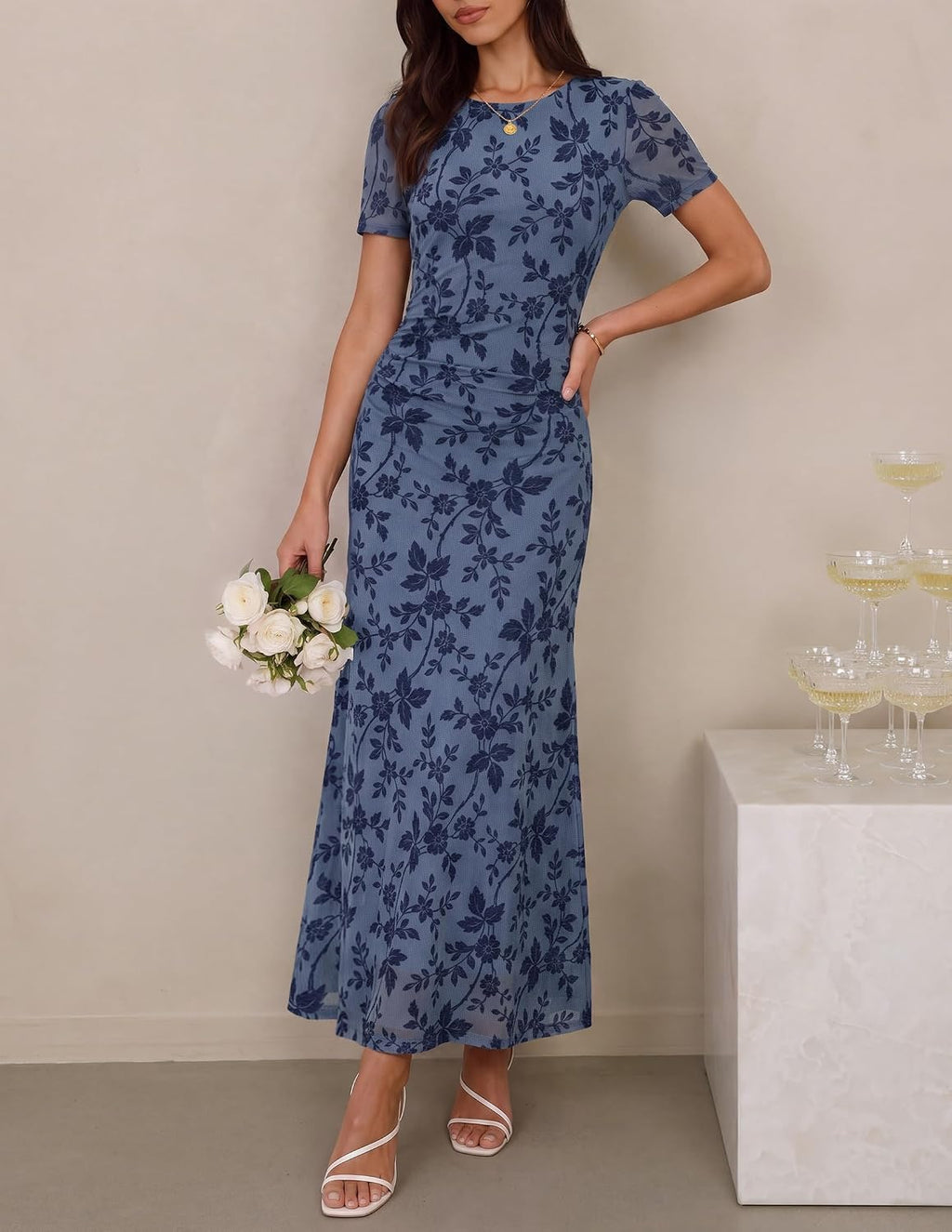 ZESICA Women Summer 2026 Floral Short Sleeve Bodycon Mesh Maxi Formal Dress