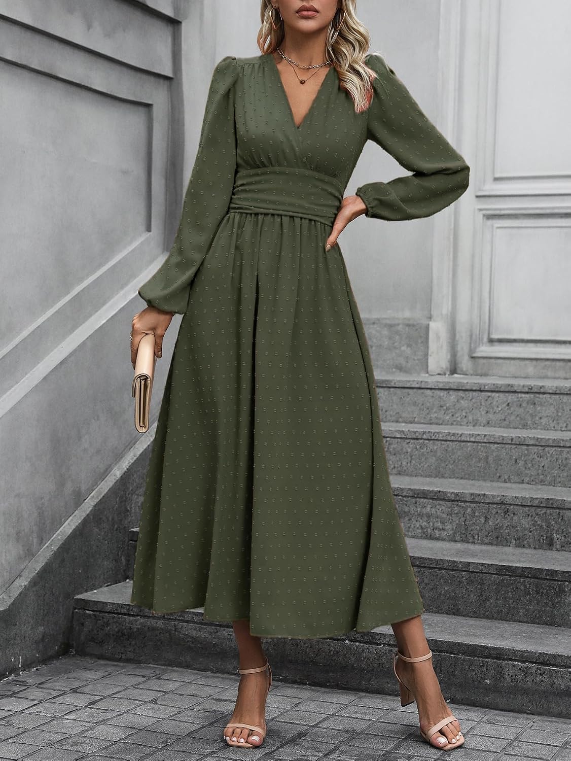 Mettclasi Women's Spring Fall Swiss Dot V-Neck Midi Dress Casual Puff Long Lantern Sleeve A-Line Flowy Wedding Guest Dress