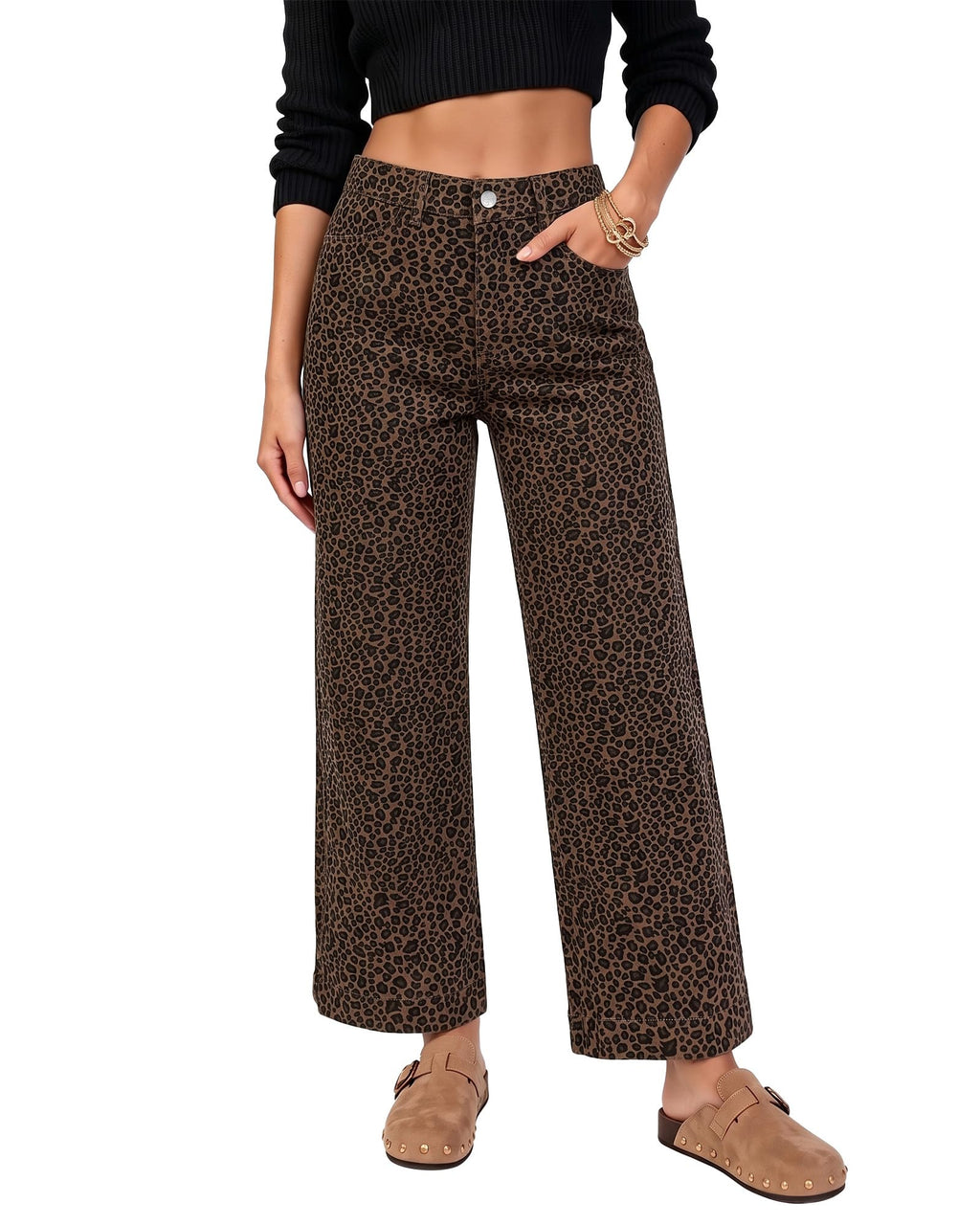 LookbookStore Wide Leg Jeans for Women Trendy High Waisted Stretchy Cheetah Leopard Pants Ankle Length Trouser Jeans