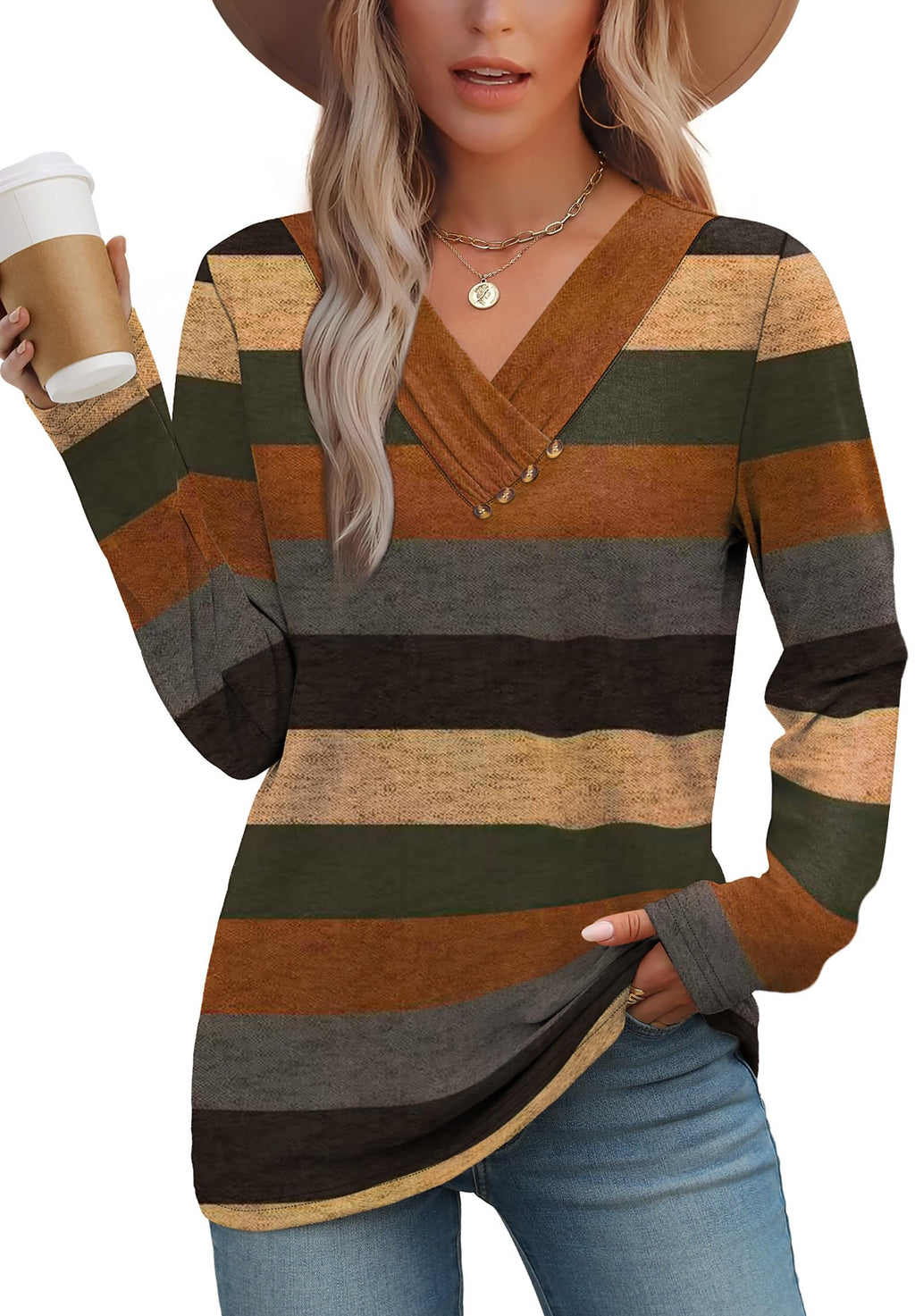 WIHOLL Long Sleeve Shirts for Women Fall Outfits V Neck T Shirts Button Down Tunic Tops Fashion Clothing