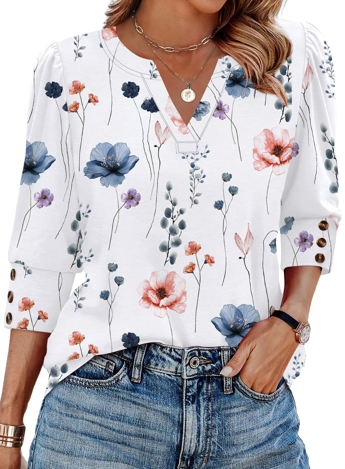 WIHOLL 3/4 Length Sleeve Womens Tops with Button Cuffs Dressy Casual V Neck Summer Outfits Early Fall Fashion Spring Clothes