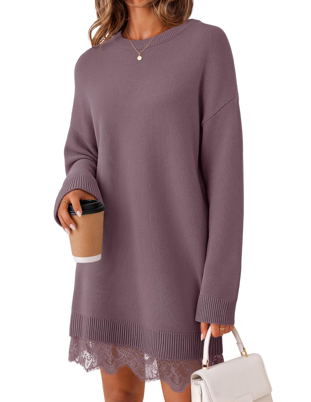 MEROKEETY Women's Fall Long Sleeve Lace Oversized Casual Knit Sweater Dress
