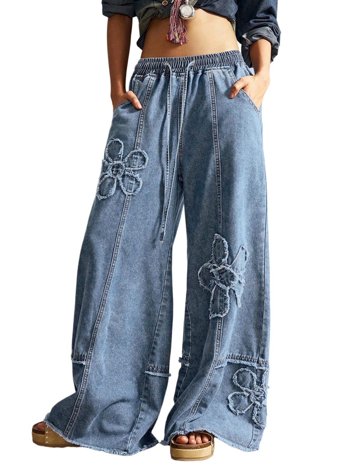BEAUDRM Women's Y2K Baggy Jeans Wide Leg Jeans Denim Boho Pants