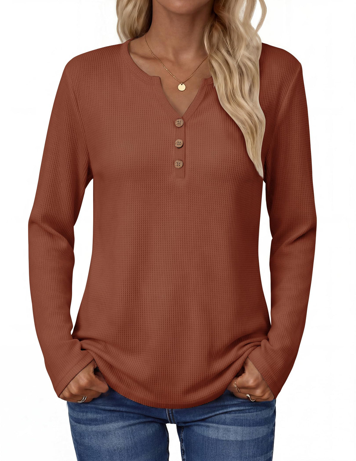 Zeagoo Women's Long Sleeve Waffle Knit Tops 2026 Fall Henley V Neck Shirts