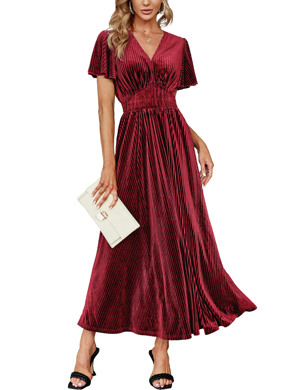 Simplee Women’s V Neck Velvet Maxi Dress Short Sleeve Empire Waist Long Formal Dress for Wedding Guest
