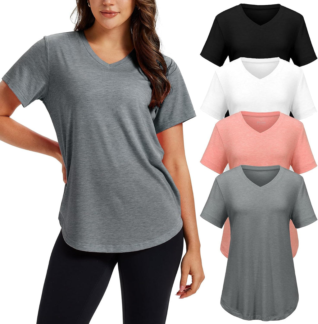 4 Pack V Neck T Shirts for Women Short Sleeve Plus Size Summer Tops