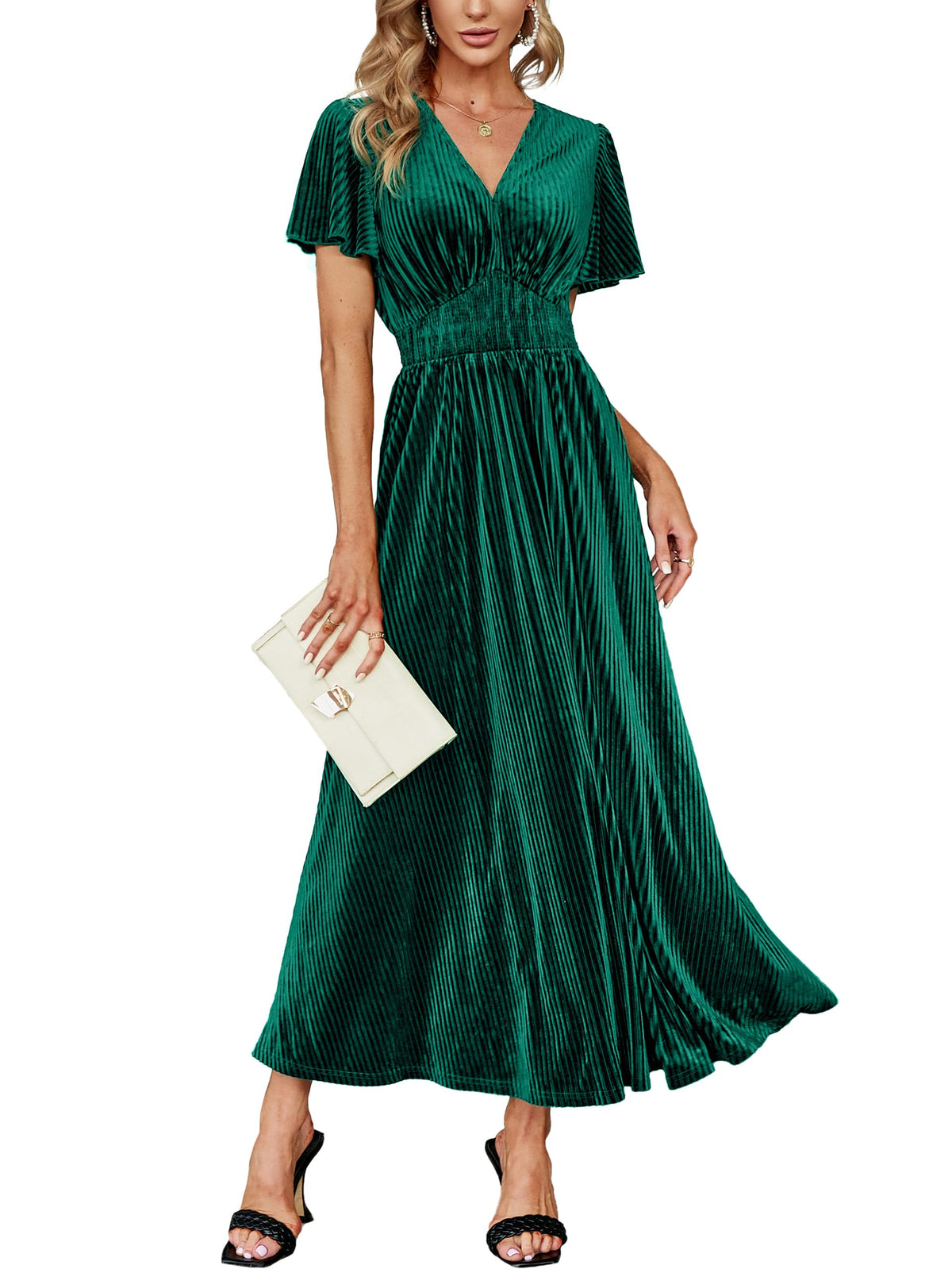 Simplee Women’s V Neck Velvet Maxi Dress Short Sleeve Empire Waist Long Formal Dress for Wedding Guest