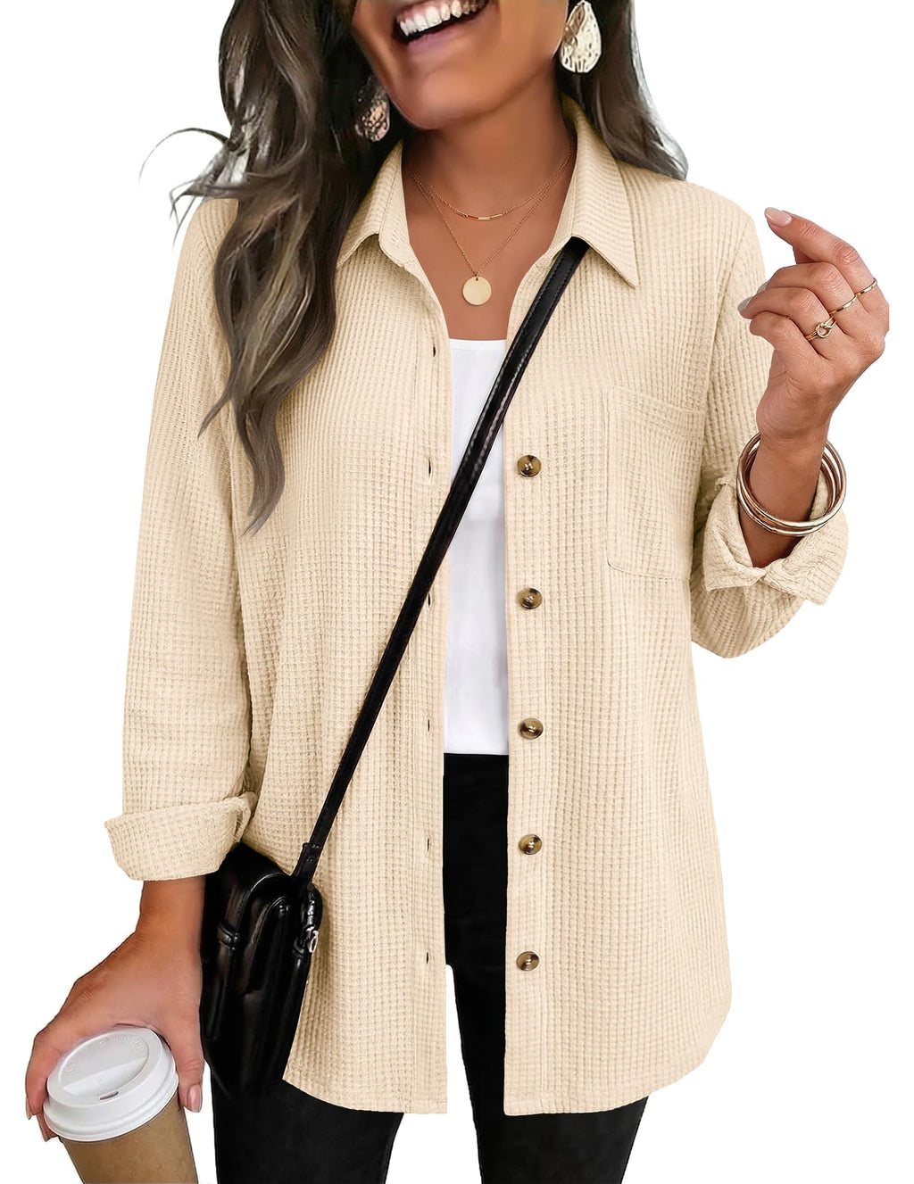 Zeagoo Womens Waffle Knit Shacket Button Down Long Sleeve Tops with Pocket