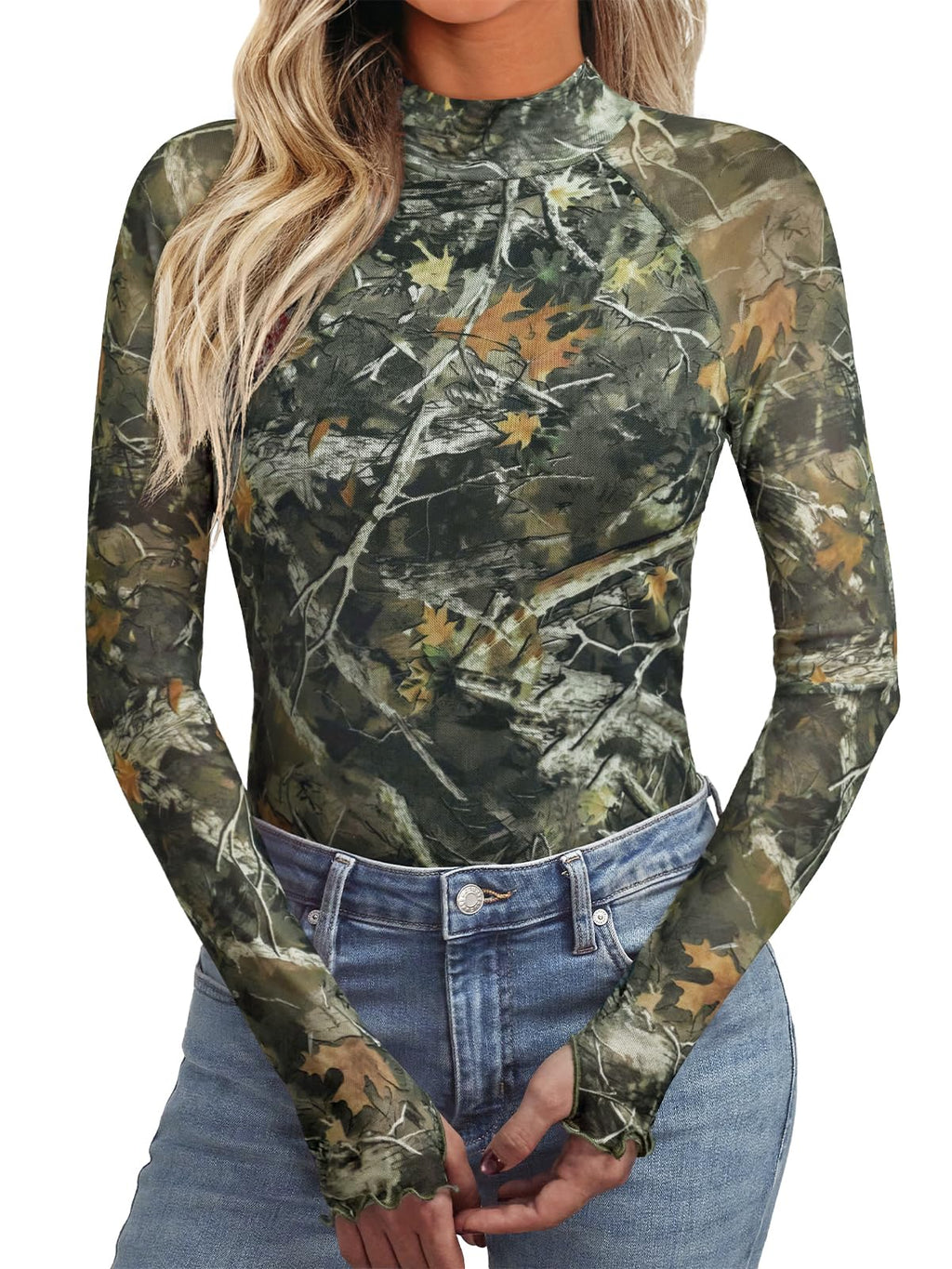 Dealmore Womens Lace Sheer Floral Mesh Mock Neck Tops