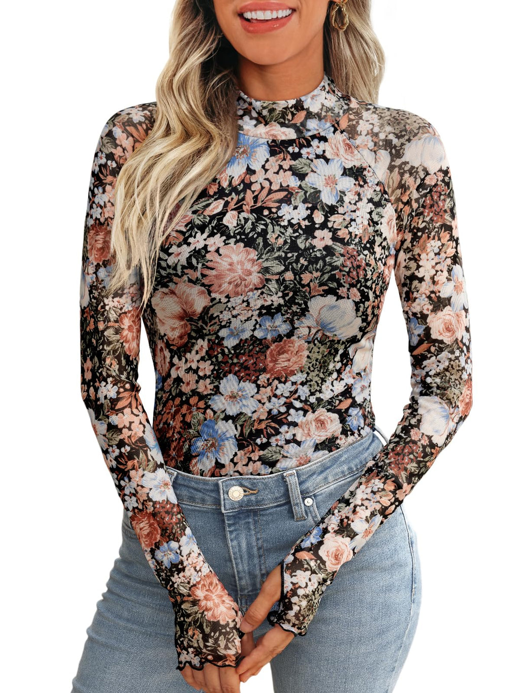 Dealmore Womens Lace Sheer Floral Mesh Mock Neck Tops