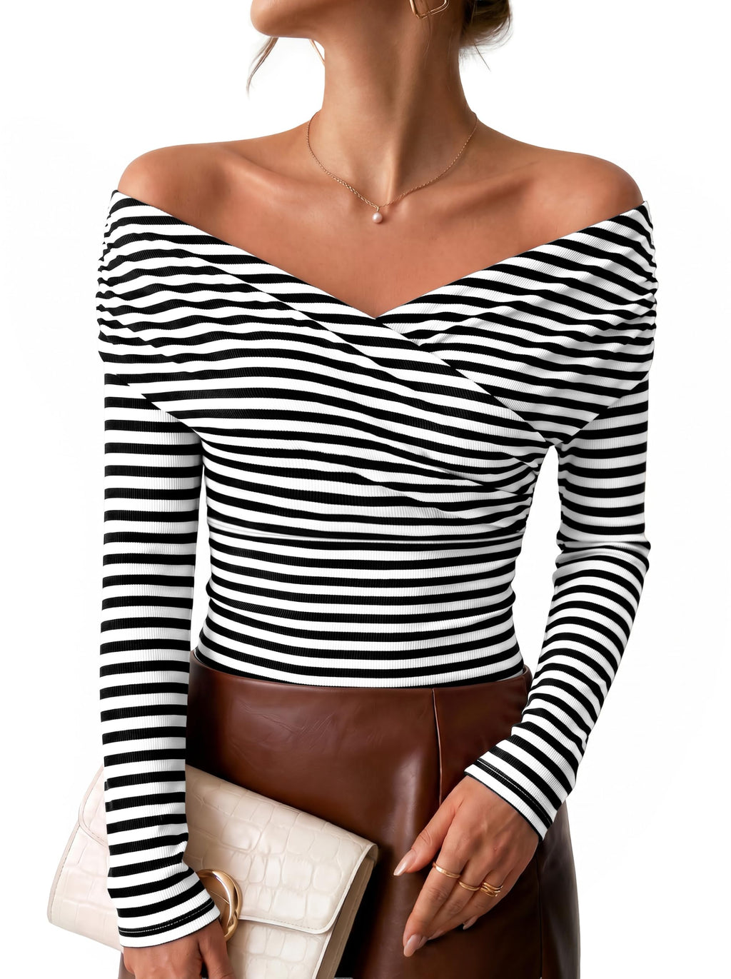 ZESICA Womens 2026 Fall Long Sleeve Wrap Off Shoulder Y2K Going Out Tops