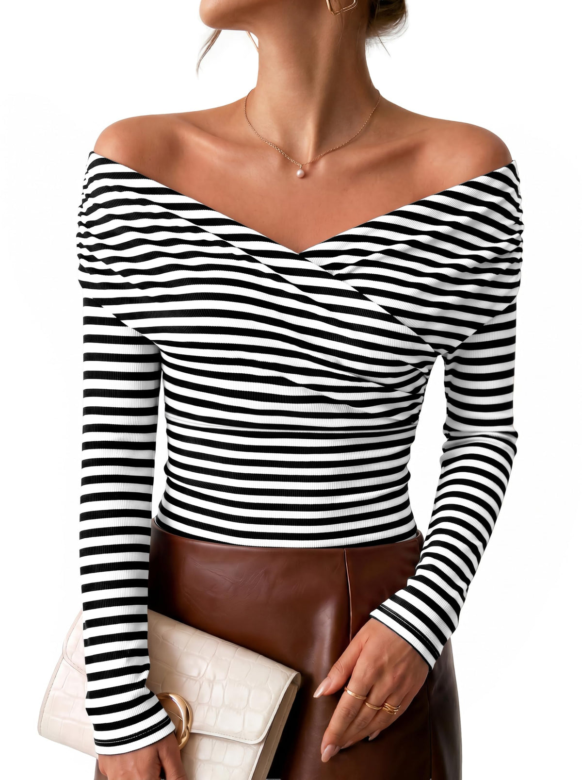 ZESICA Womens 2026 Fall Long Sleeve Wrap Off Shoulder Y2K Going Out Tops