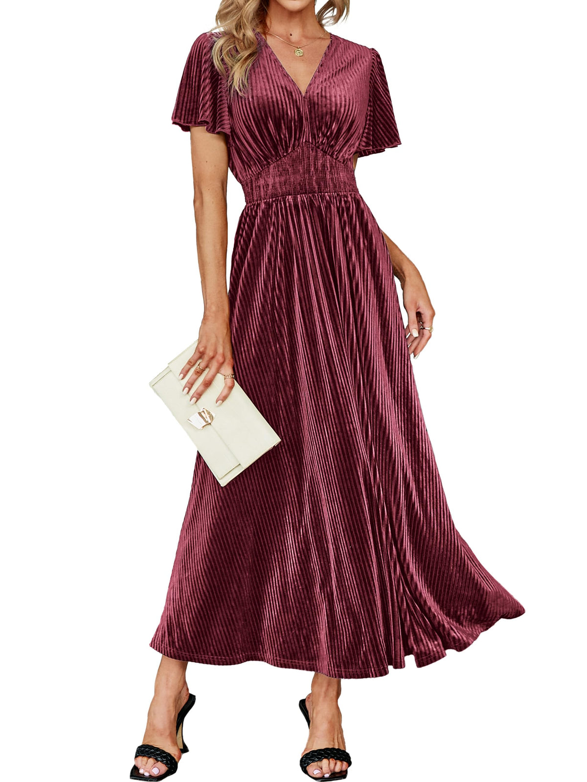 Simplee Women’s V Neck Velvet Maxi Dress Short Sleeve Empire Waist Long Formal Dress for Wedding Guest