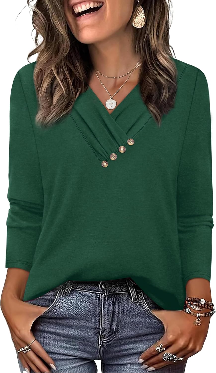 WIHOLL Long Sleeve Shirts for Women Fall Outfits V Neck T Shirts Button Down Tunic Tops Fashion Clothing