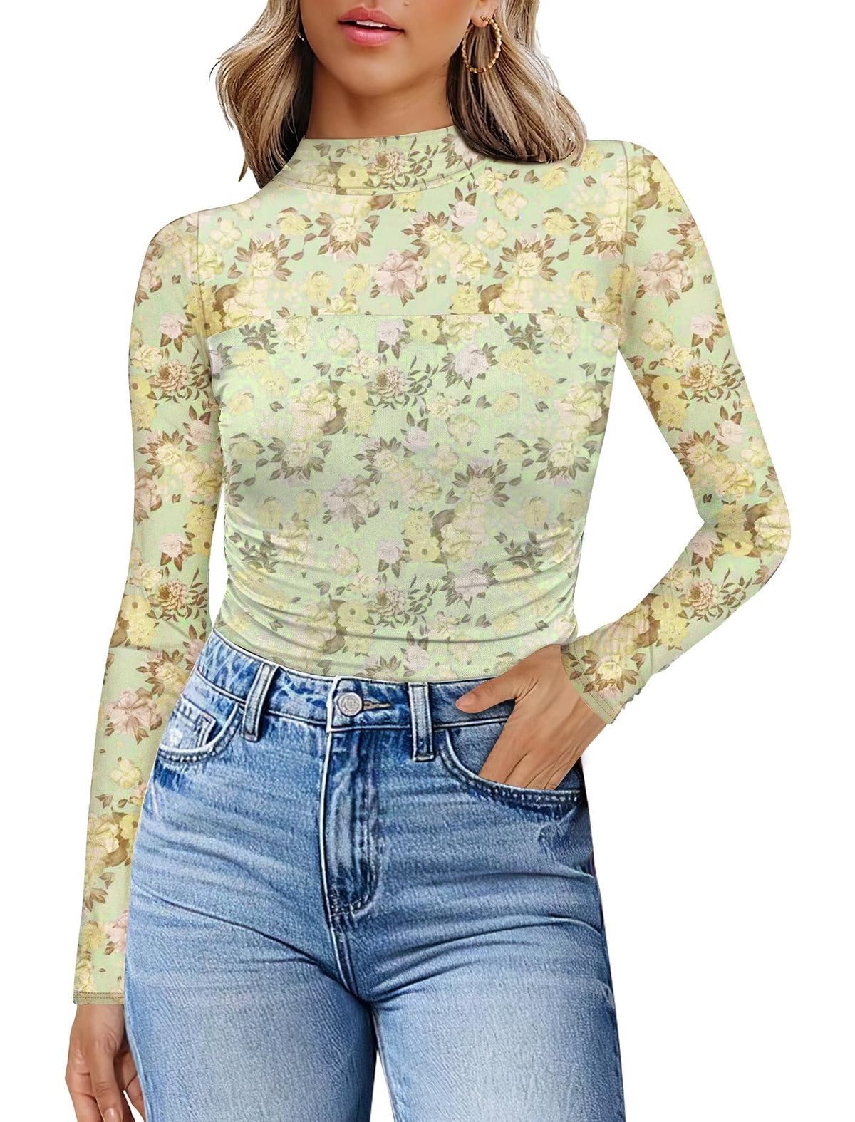 Womens Sexy Mesh Long Sleeve Shirts Fashion Clothing Turtle Necks Sheer Ruched Going Out Tops Fall Outfits Slim Fit Blouses