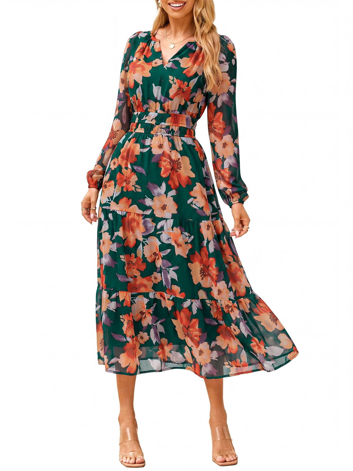 Simplee Women's Floral Boho Long Sleeve Maxi Dress V Neck Empire Waist Swing Flowy Wedding Guest Dress