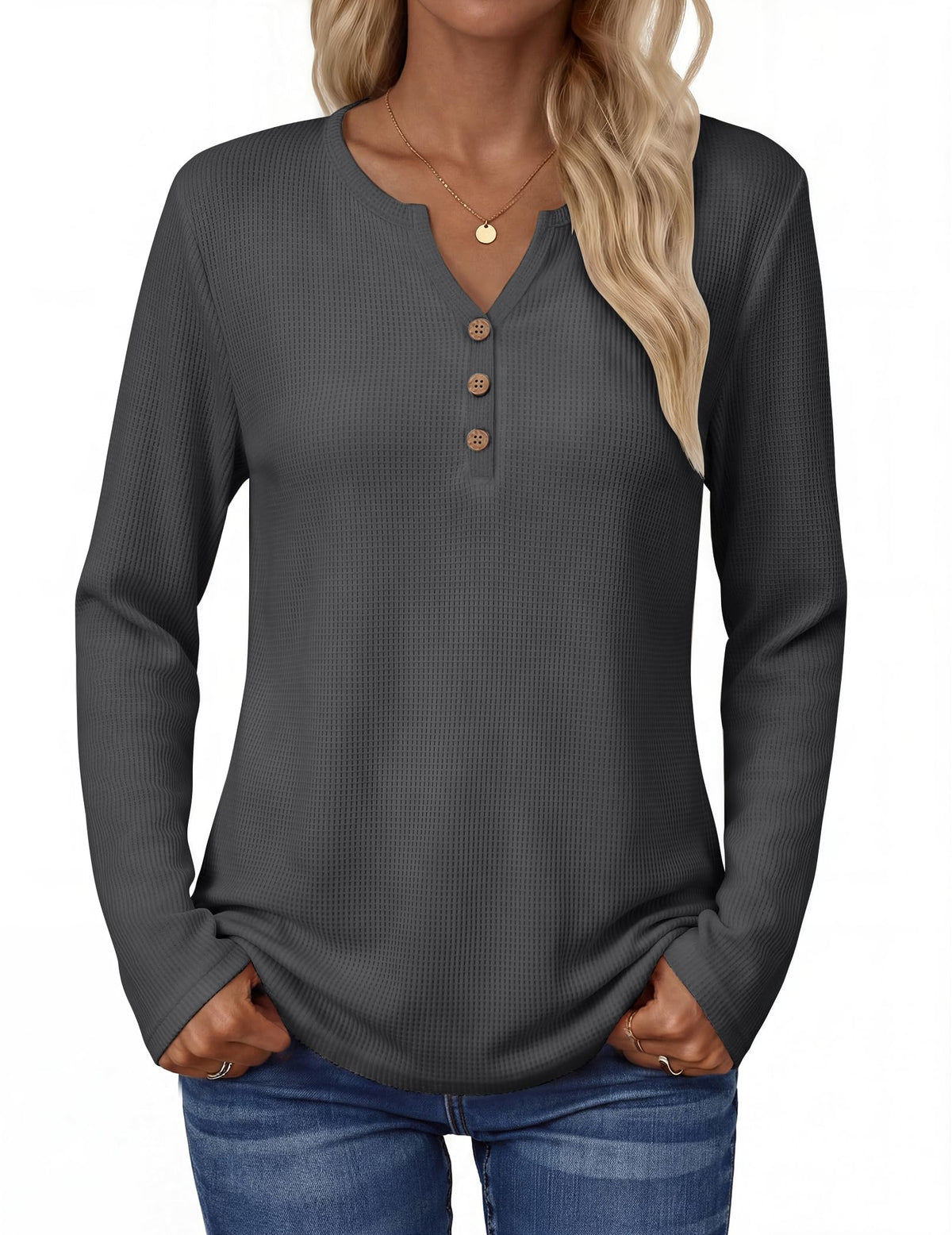 Zeagoo Women's Long Sleeve Waffle Knit Tops 2026 Fall Henley V Neck Shirts