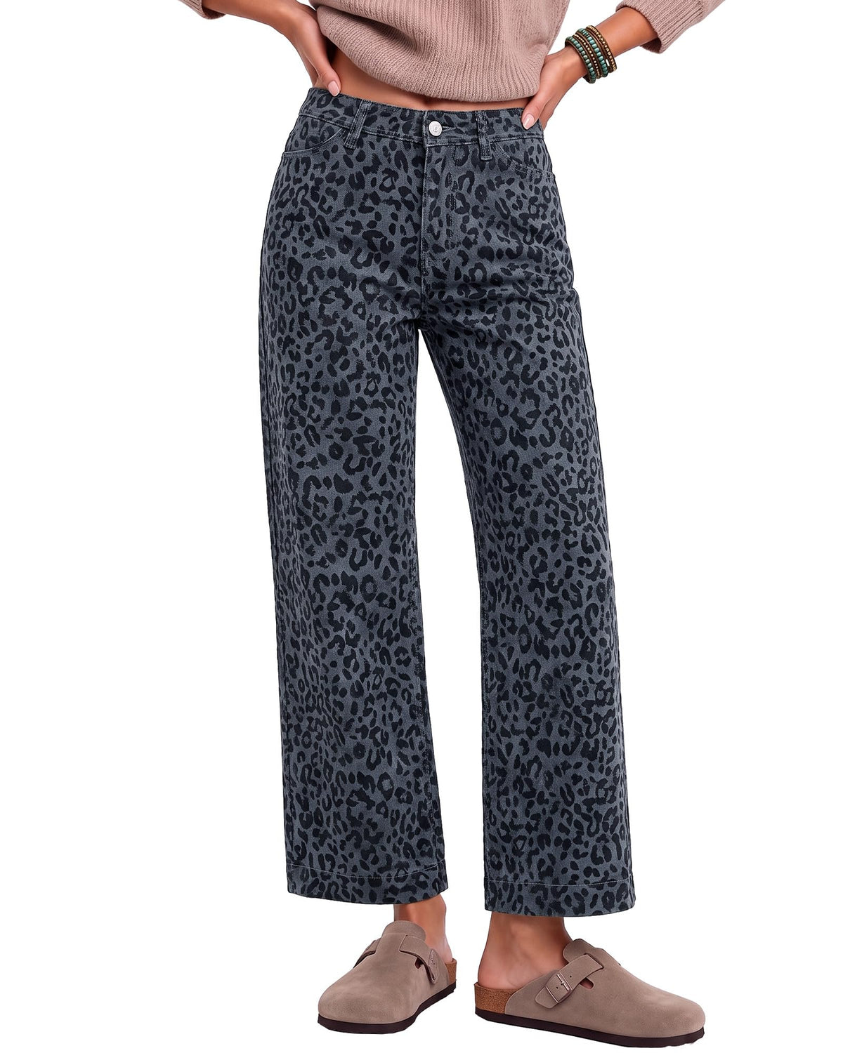 luvamia Wide Leg Jeans for Women Leopard Cheetah Print Ankle Denim Pants