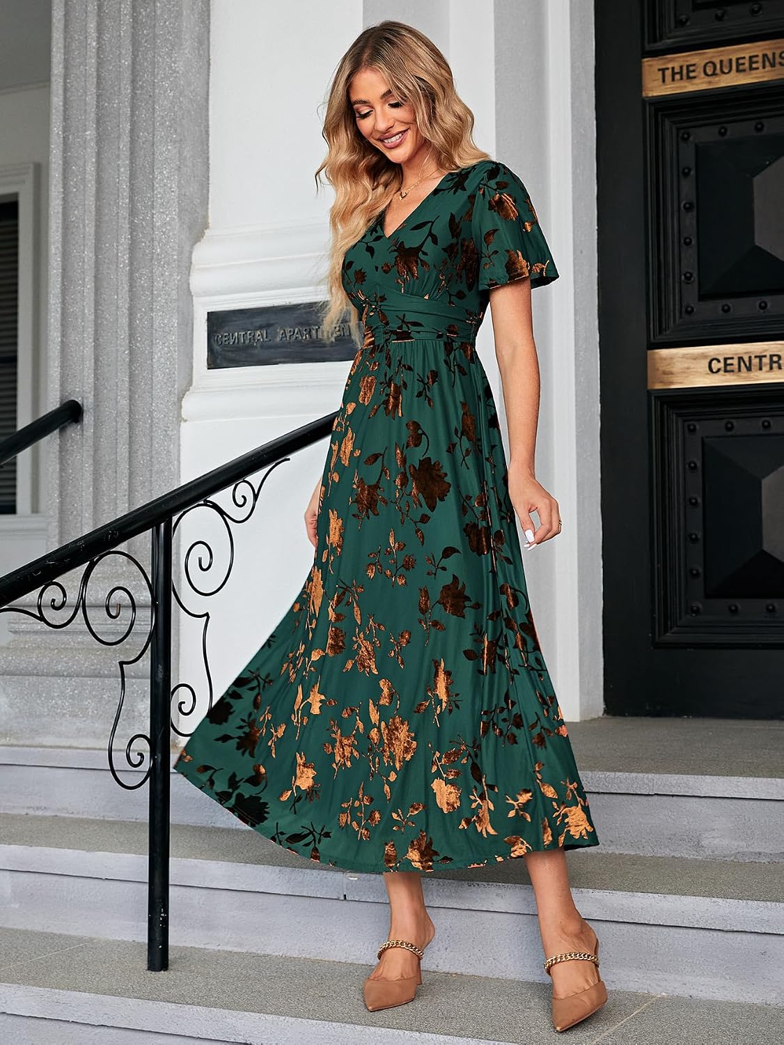 Simplee Women’s V Neck Velvet Maxi Dress Short Sleeve Empire Waist Long Formal Dress for Wedding Guest