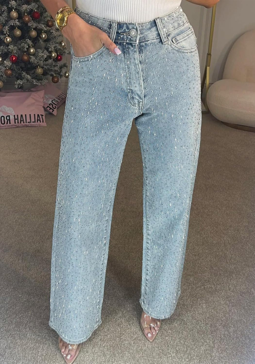 Famnbro Womens Rhinestone Jeans Baggy Y2K Wide Leg Sparkly Denim Pants