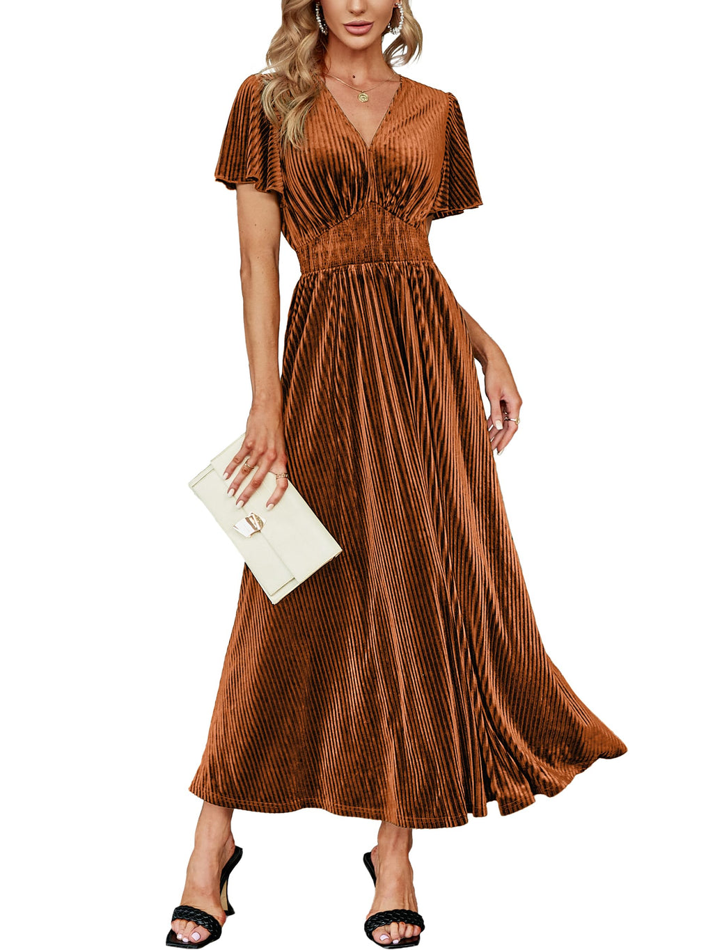 Simplee Women’s V Neck Velvet Maxi Dress Short Sleeve Empire Waist Long Formal Dress for Wedding Guest