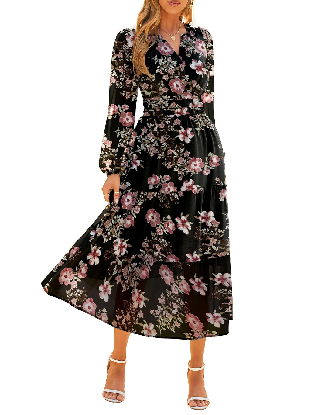 Simplee Women's Floral Boho Long Sleeve Maxi Dress V Neck Empire Waist Swing Flowy Wedding Guest Dress