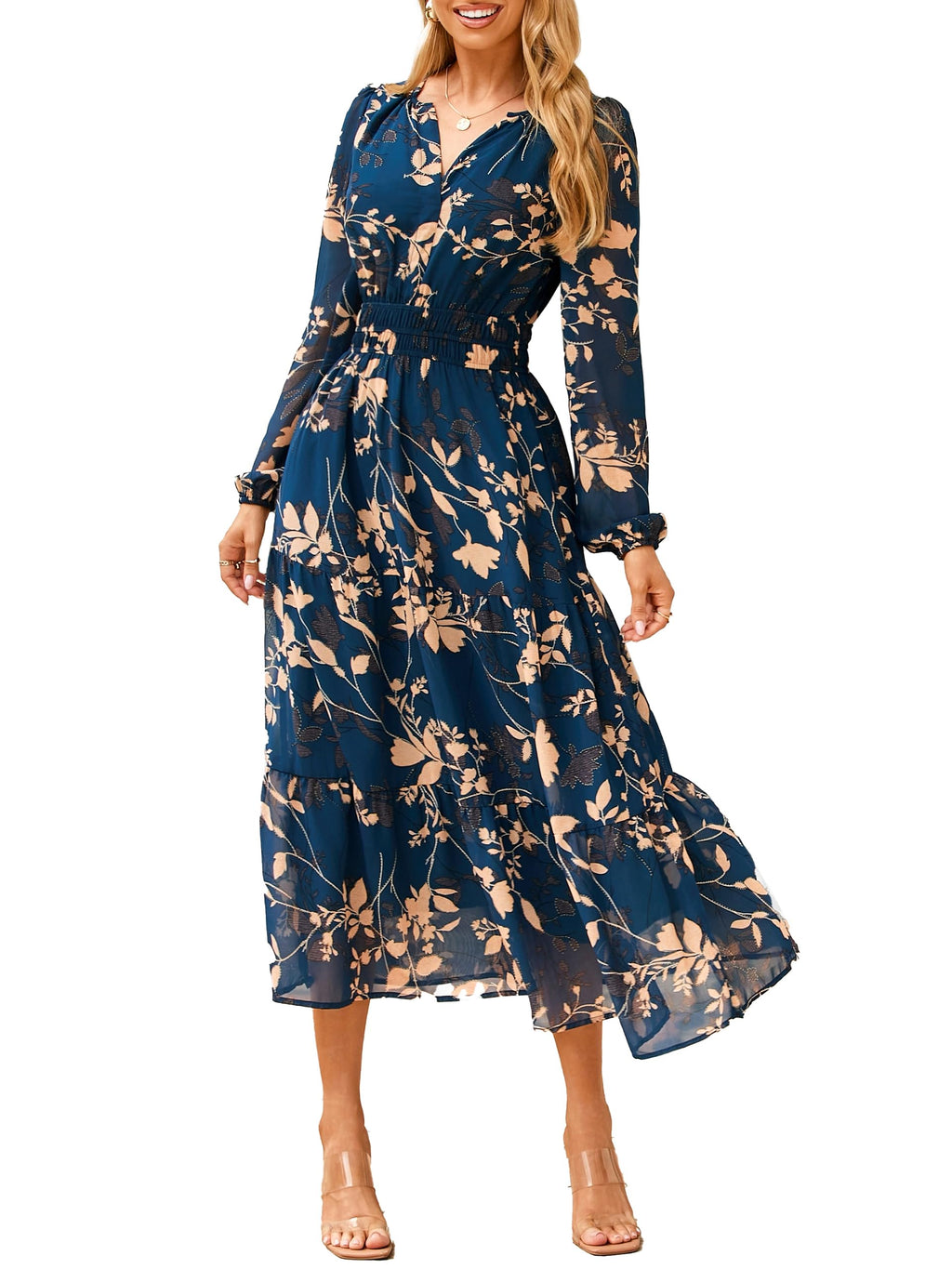 Simplee Women's Floral Boho Long Sleeve Maxi Dress V Neck Empire Waist Swing Flowy Wedding Guest Dress
