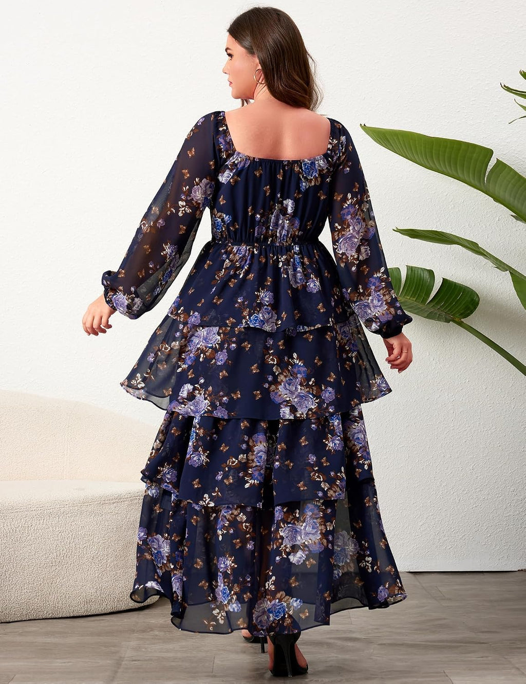 EYWOL Plus Size Long Sleeve Floral Tiered Semi Formal Wedding Guest Dress