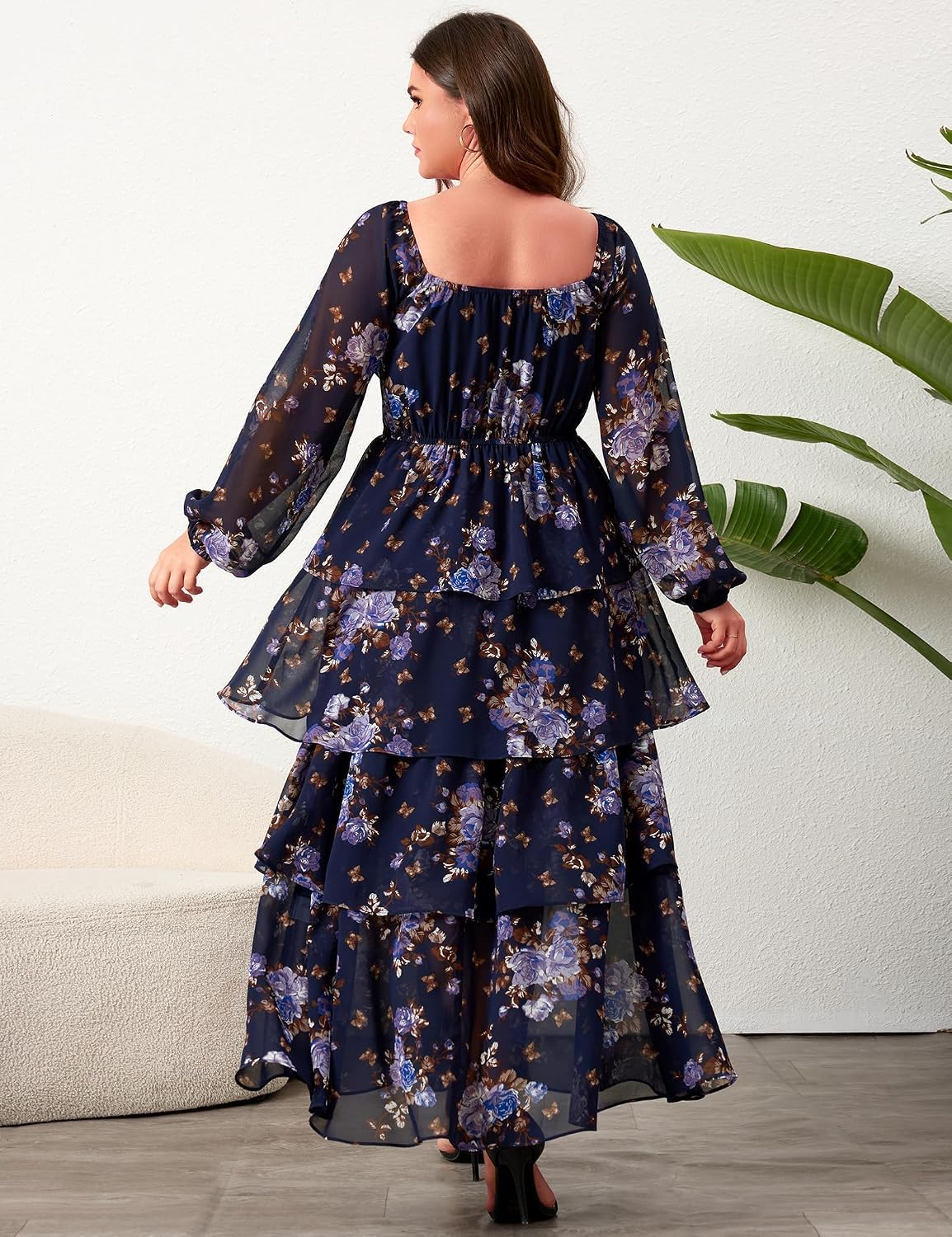 EYWOL Plus Size Long Sleeve Floral Tiered Semi Formal Wedding Guest Dress