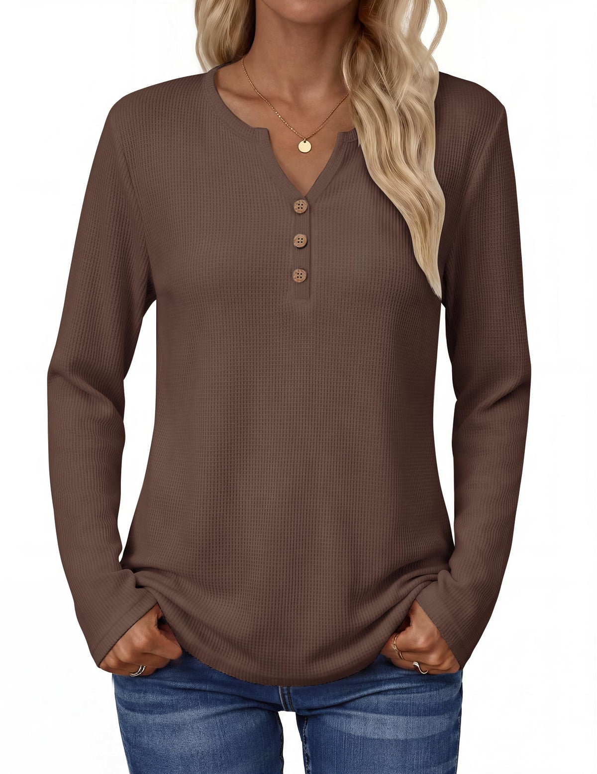 Zeagoo Women's Long Sleeve Waffle Knit Tops 2026 Fall Henley V Neck Shirts