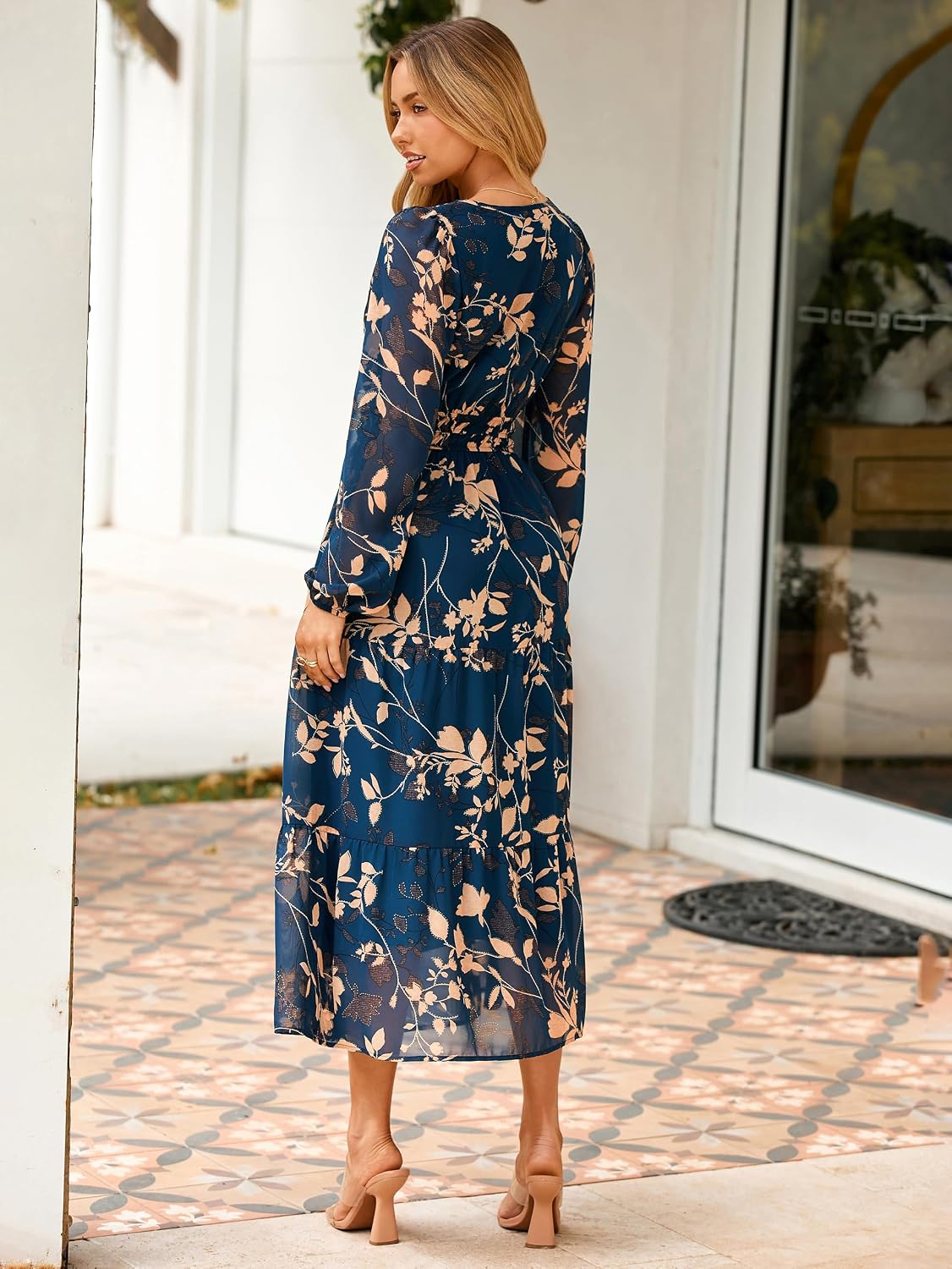 Simplee Women's Floral Boho Long Sleeve Maxi Dress V Neck Empire Waist Swing Flowy Wedding Guest Dress