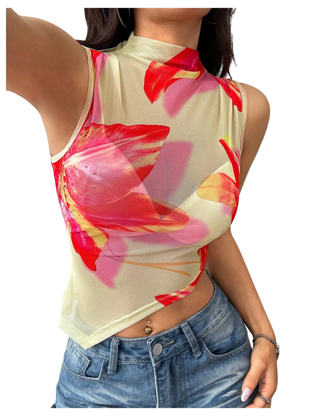 RoseSeek Women's Sheer Mesh Mock Neck Crop Tank Tops Summer Going Out Tops