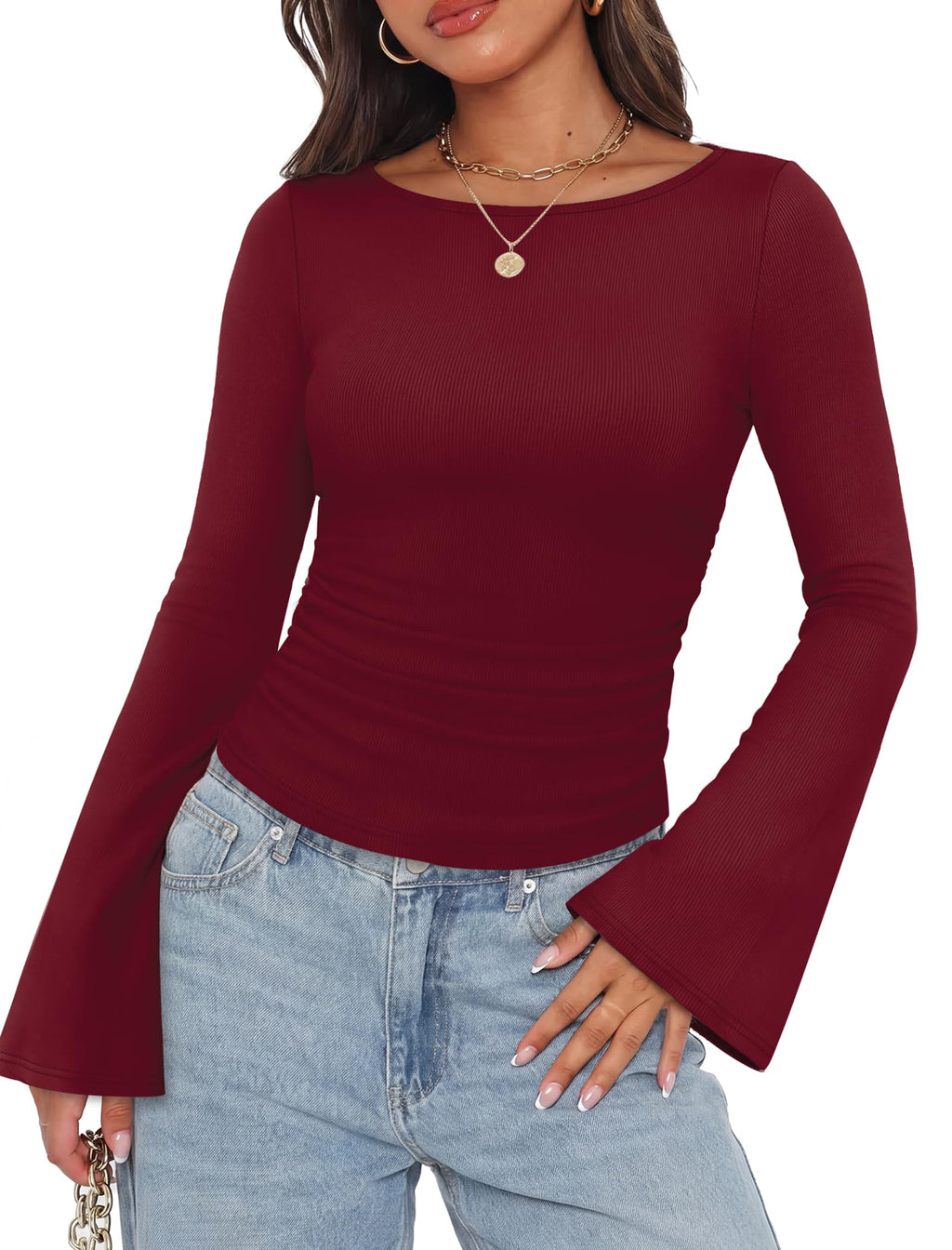 WIHOLL Bell Sleeve Tops for Women Boat Neck Ruched Ribbed Long Sleeve Fall Shirts for Women 2026