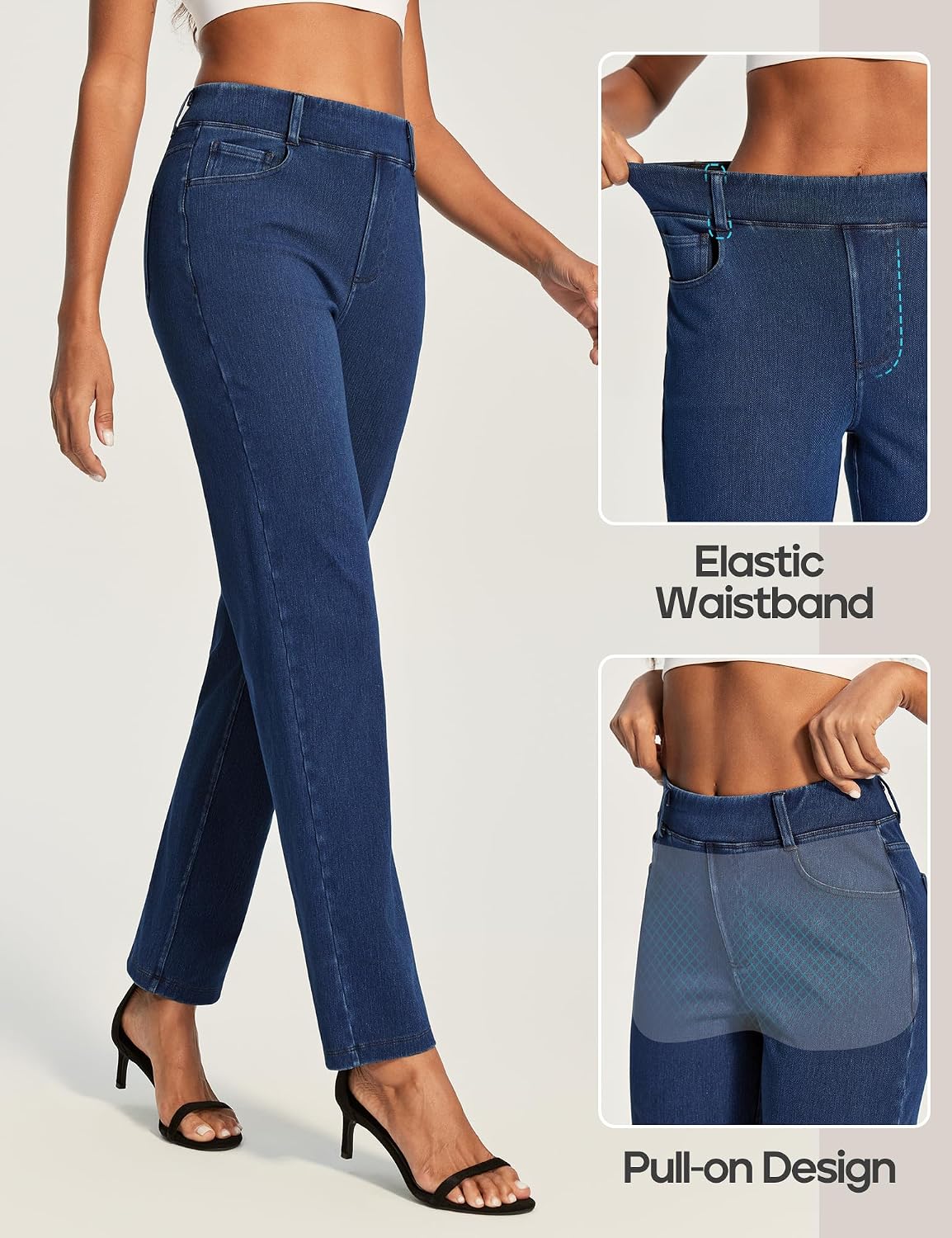 Stretchy Straight Leg Jeans for Women Trendy High Waisted Pull On Pants