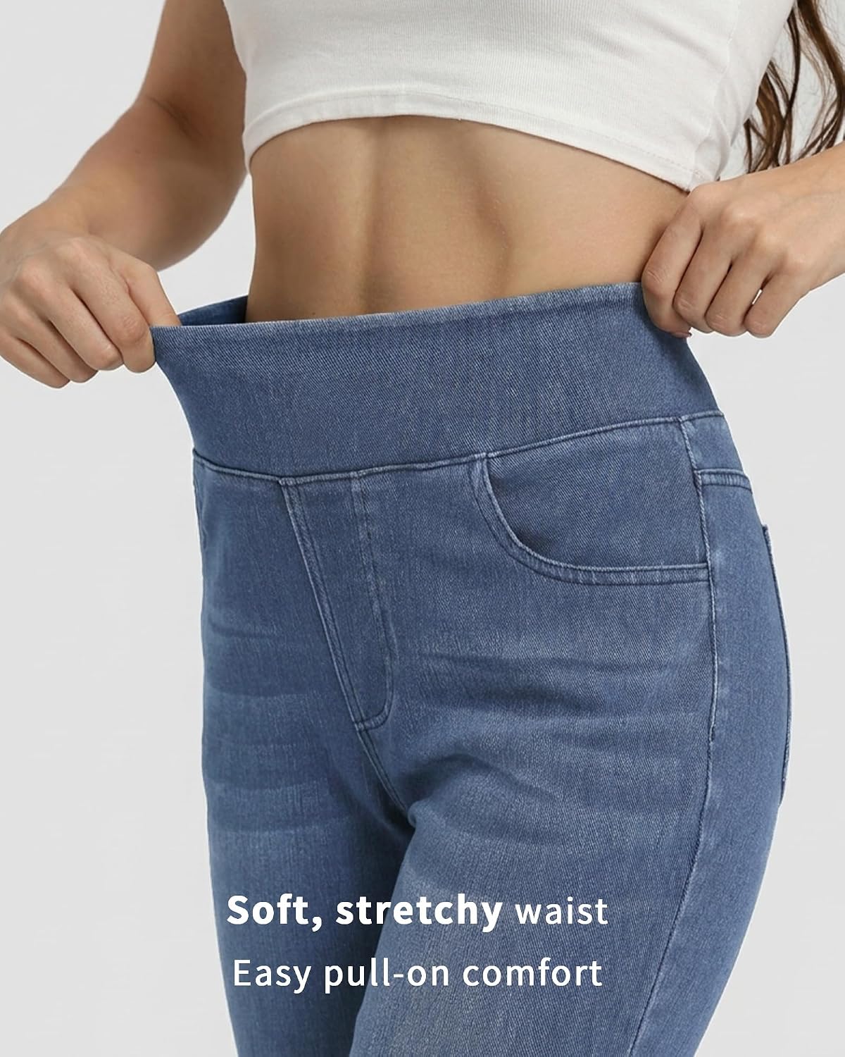Pull on Straight Leg Jeans for Women Stretchy Sweatpant Jeans Elastic High Waist Tummy Control Trendy Denim Pants