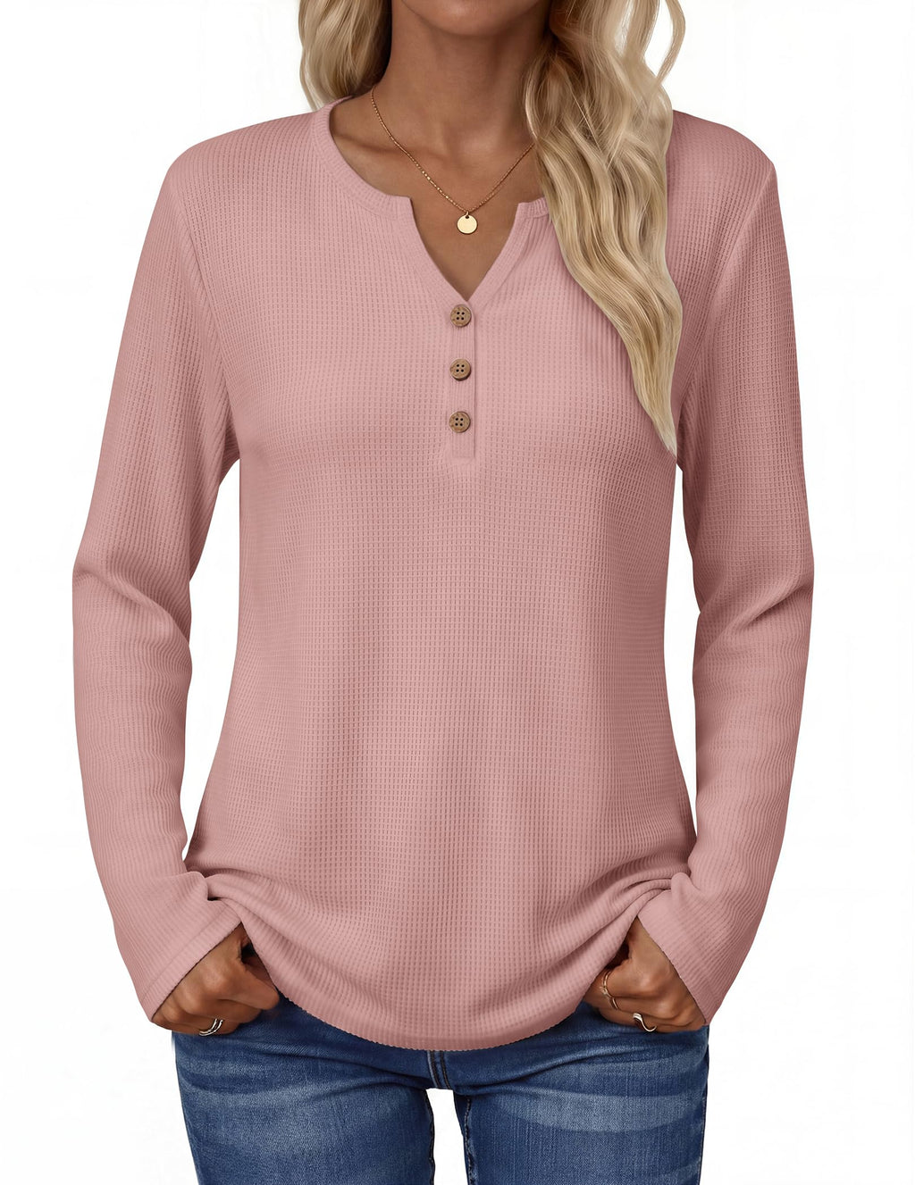 Zeagoo Women's Long Sleeve Waffle Knit Tops 2026 Fall Henley V Neck Shirts